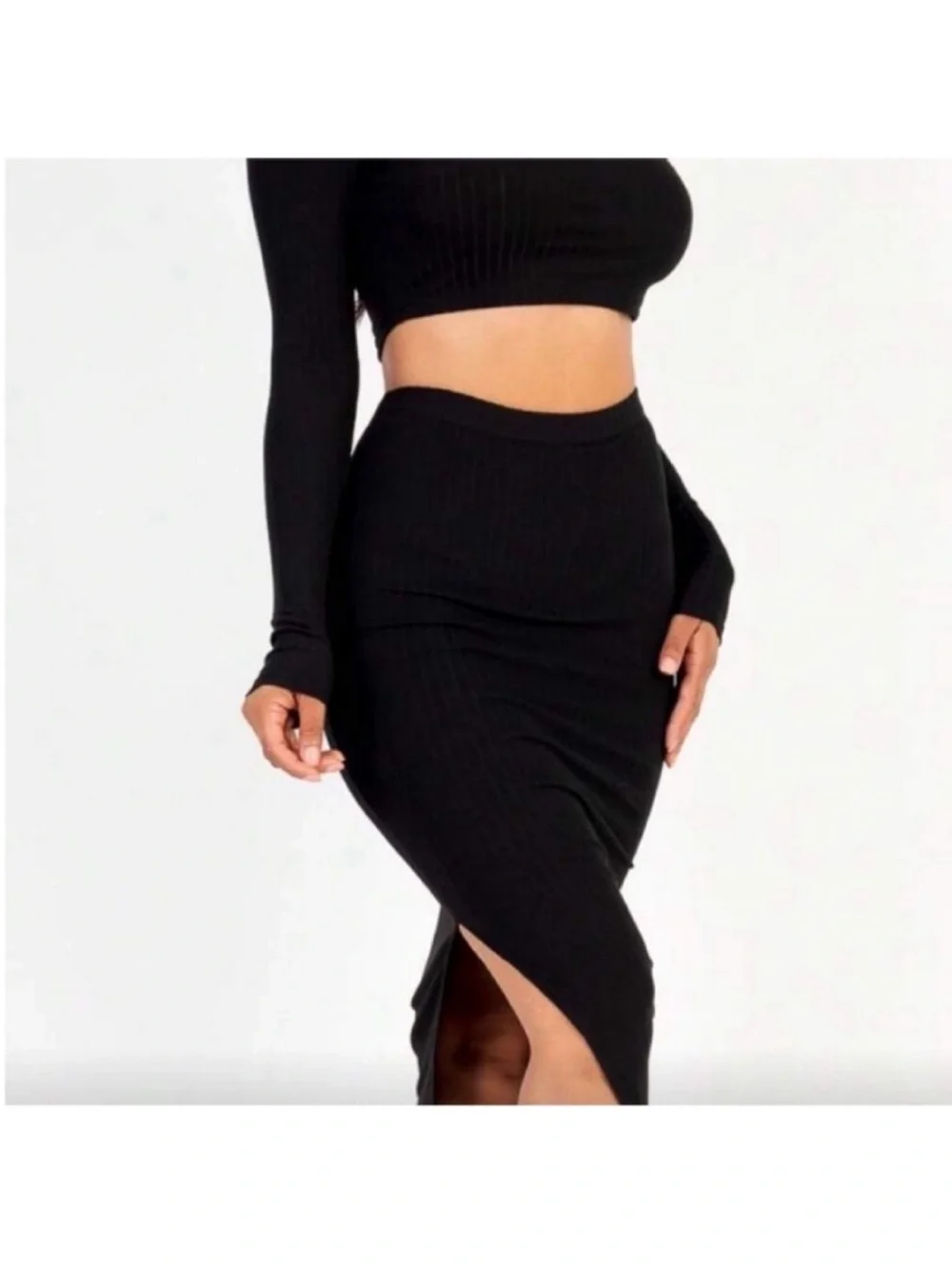 Black Ribbed Midi Skirt and crop top 2 piece set